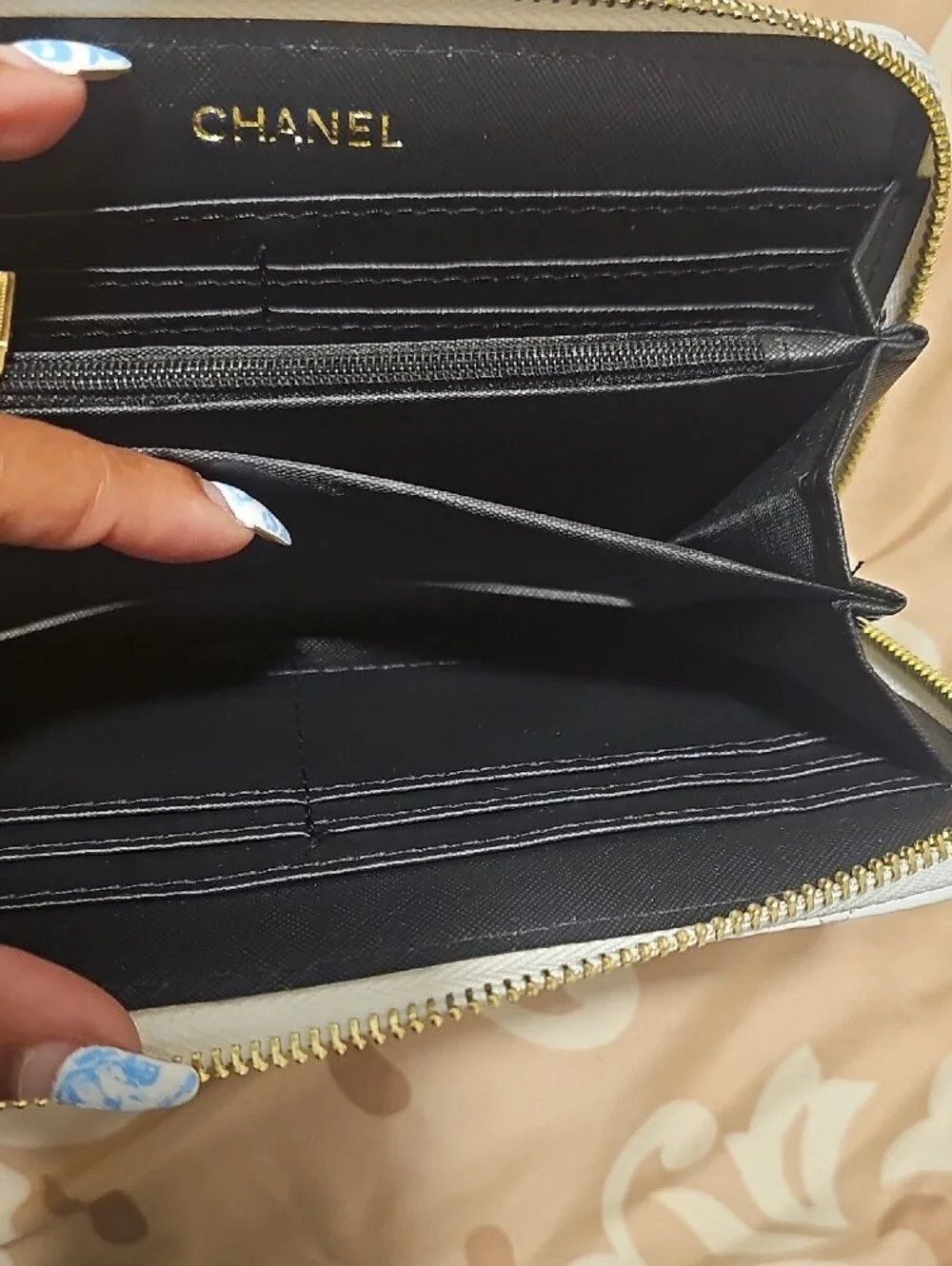 White Quilted Leather Zip Wallet with Gold Chain Trim